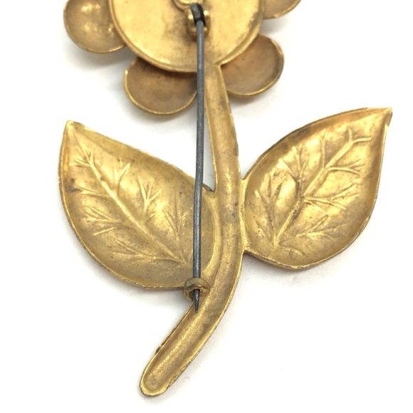 VINTAGE MCM FLOWER BROOCH PIN RED RHINESTONE ART NOUVEAU GOLD TONE MID -CENTURY - Picture 11 of 14